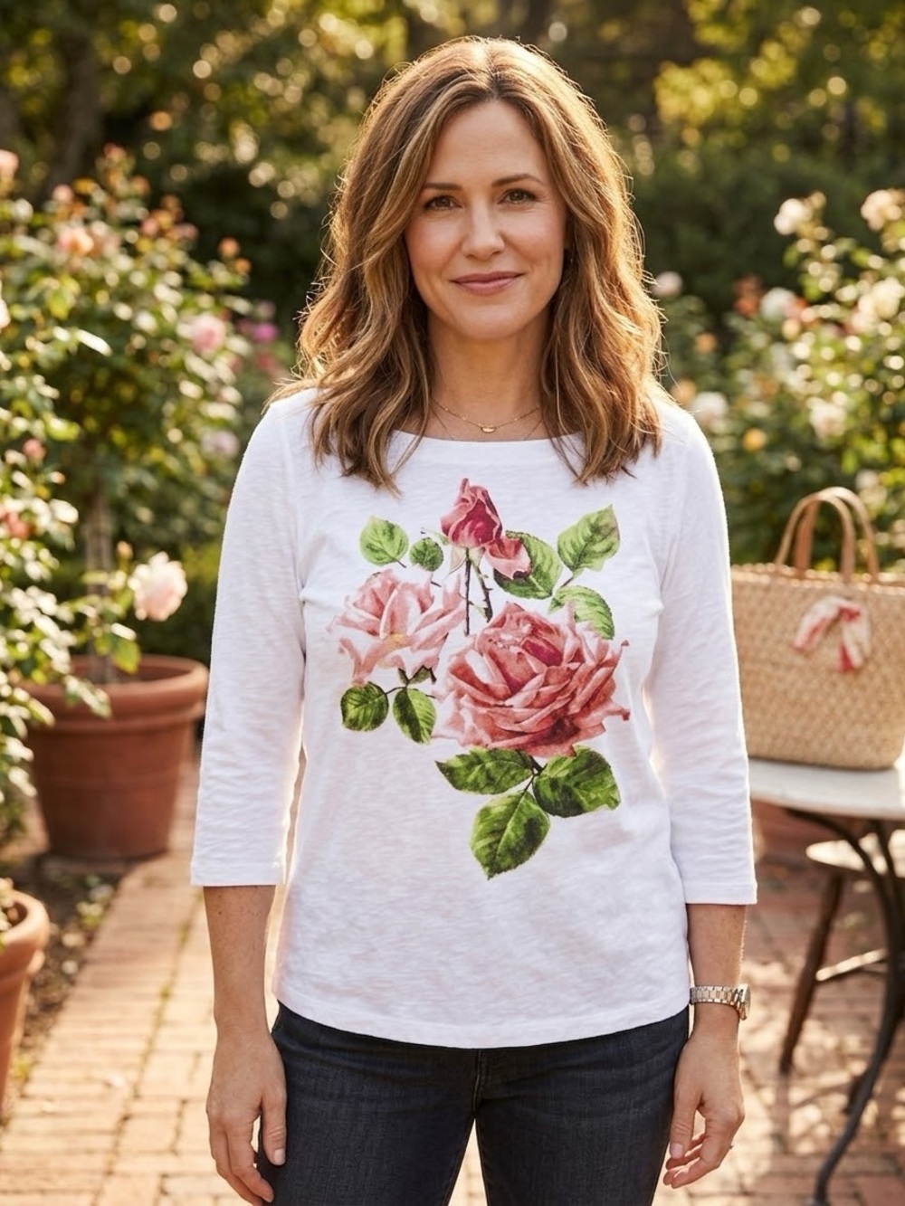 LOFT White Floral Rose 3/4 Sleeve Top